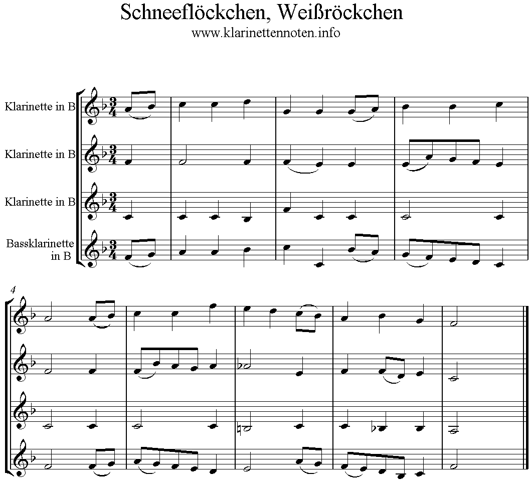 Schneeflöckchen Weißrökchen Noten Quartett, Klarinette, Clarinet